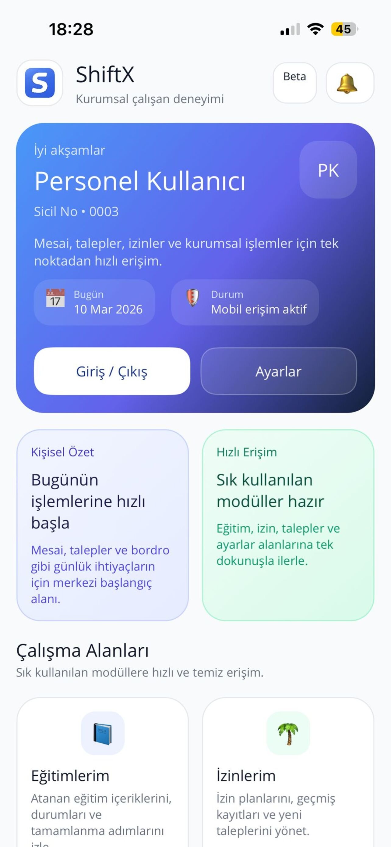 ShiftX dashboard ekranı