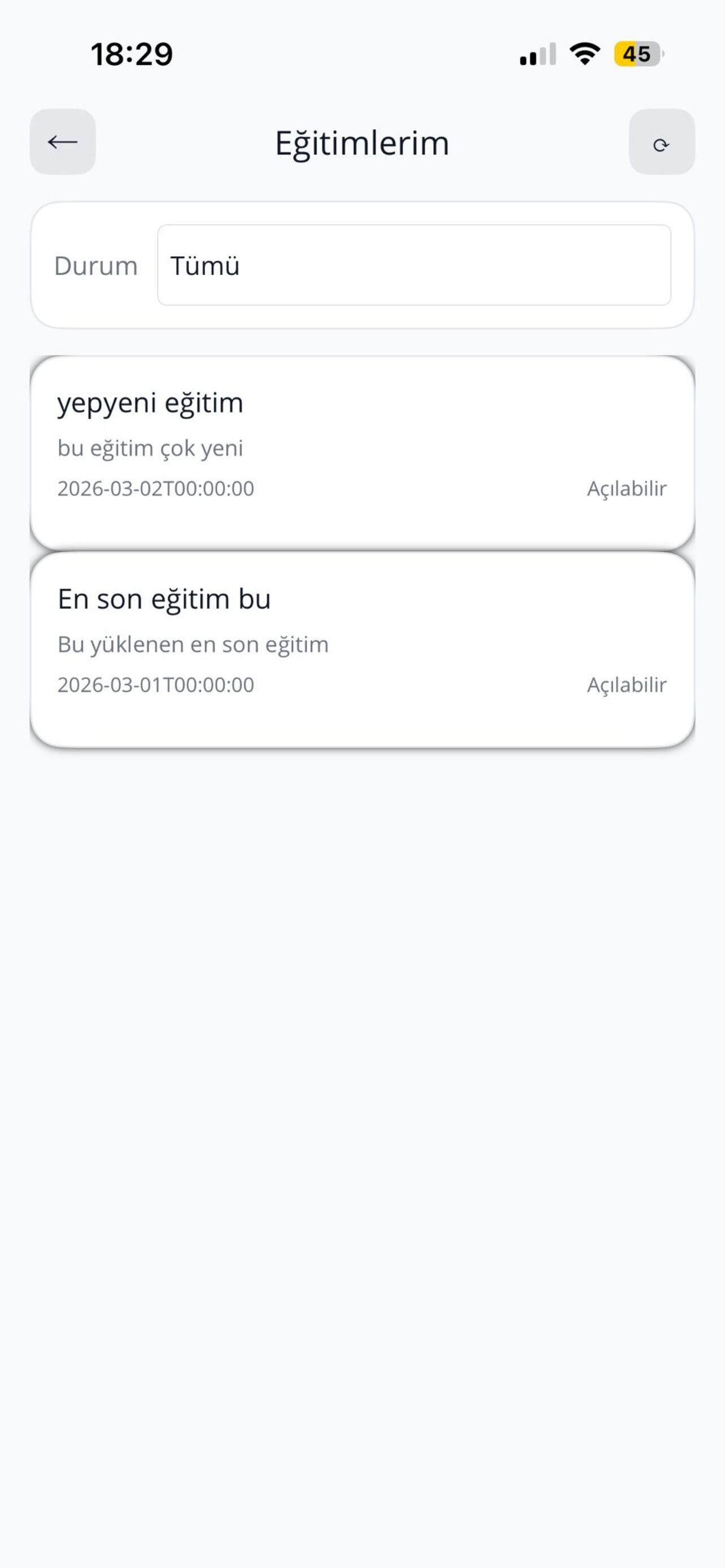 ShiftX eğitim takibi ekranı